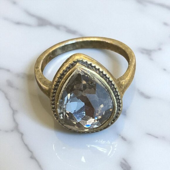 Brass Ring Teardrop Cut Clear Crystal Stone Size 7.5-179 - Picture 2 of 2